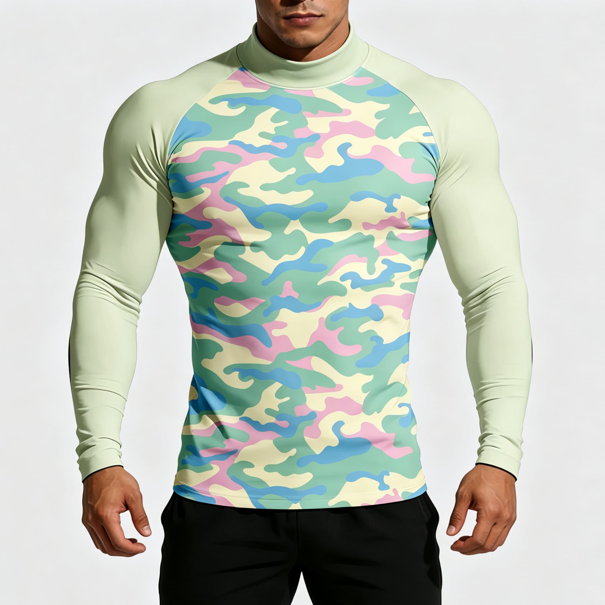Base Layer Top - Men Pastel Camouflage Print Mock Neck